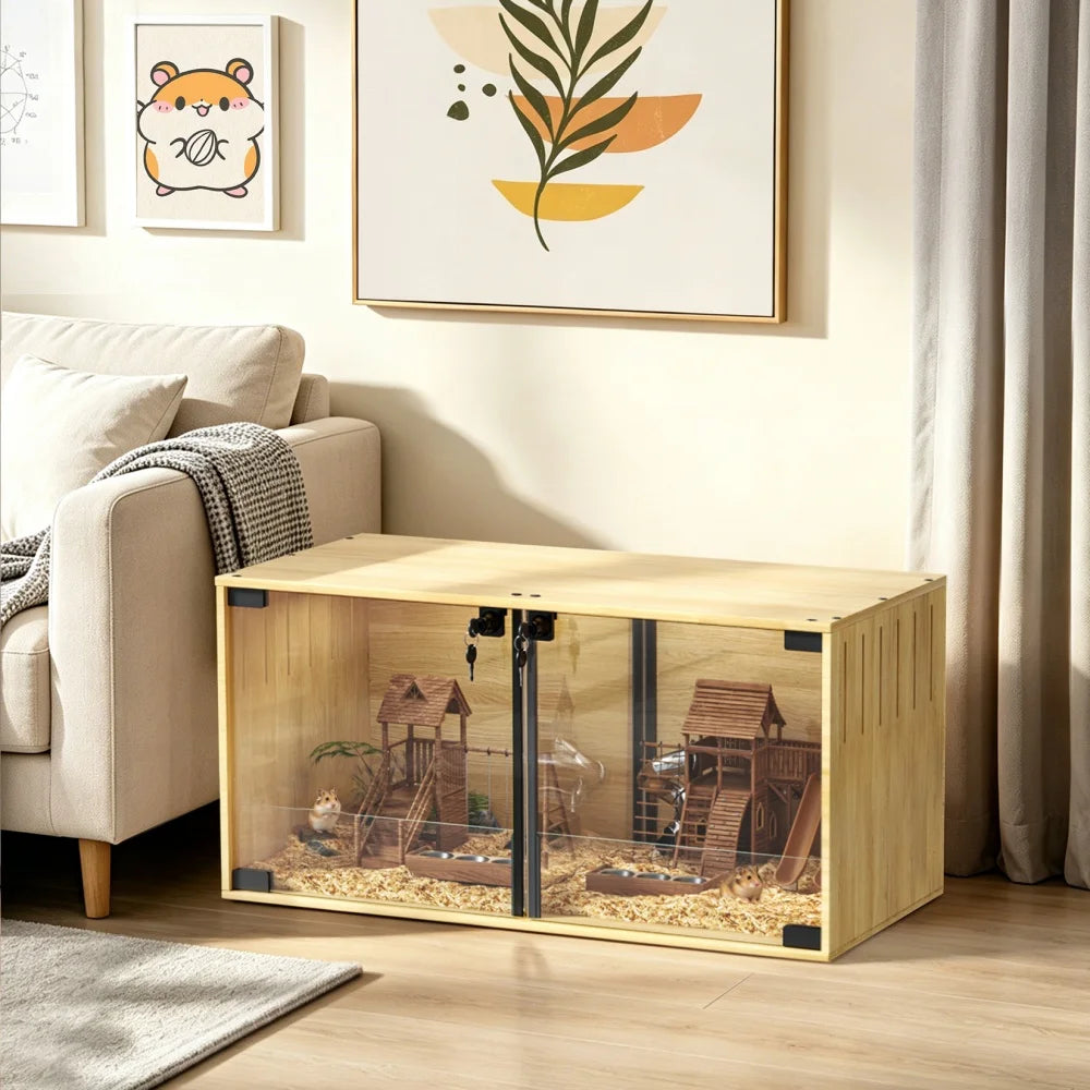 Wooden Hamster Cage With Dual Doors And Divider