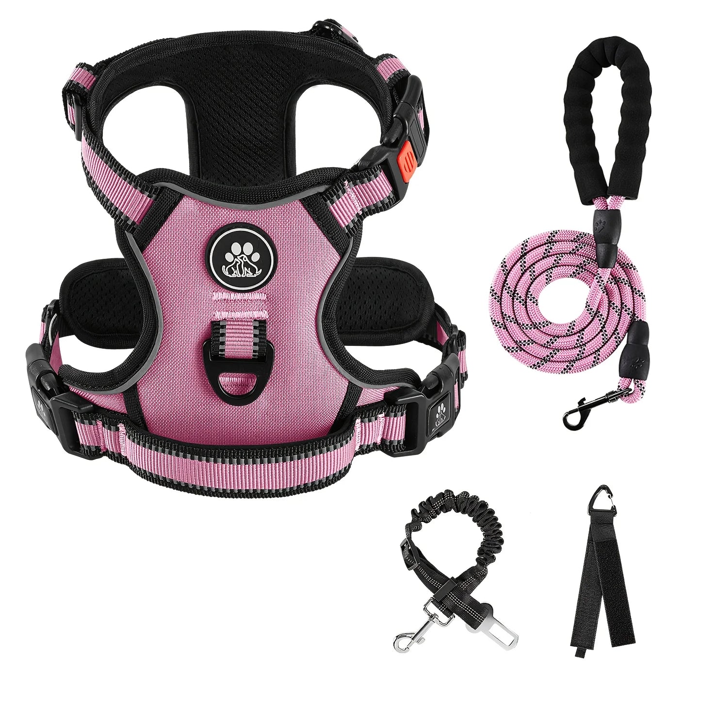 No Pull Dog Harness, Dog Collar, 1 Professional Dog Leash & 1 Retractable Seatbelt & 1 Storage Strap Fully Reflective Adjustable Breathable Dog Harness with Handle, Collar De Perro, No Choke Pet Vest Harness for Small And Lar