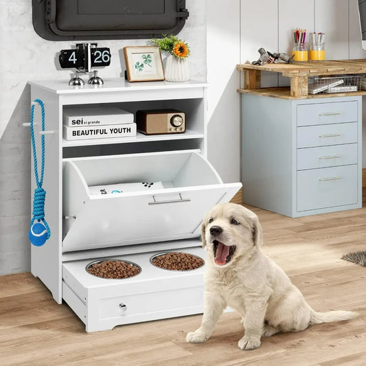Pet Feeder Station With Double Pull Out Bowls And Storage Cabinet