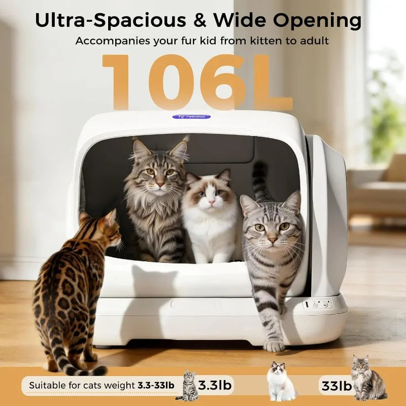 Robotail Self-Cleaning Cat Litter Box,106L XXXL Extra-Large Space Automatic Cat Litter Box for Large Cats,Open Top Automatic Cat