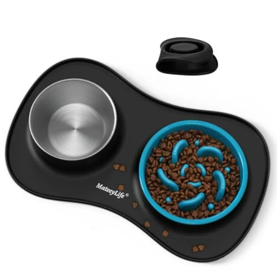Dog Food and Water Bowl Set 3 in 1, Slow Feeder Dog Bowls and Stainless Steel Water Bowl with Non-Spill Silicone Mat, Cat and P