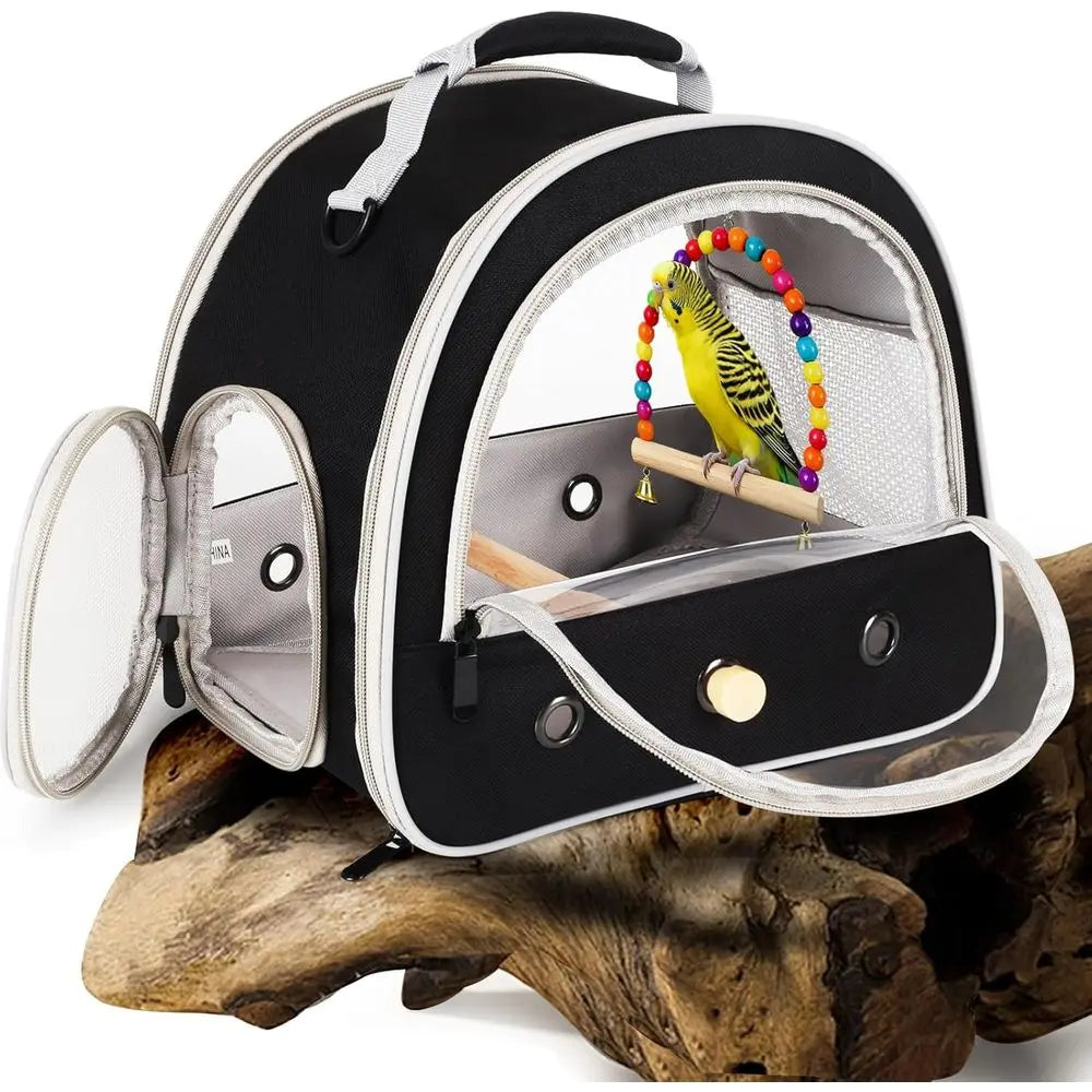 Portable Parrot Travel Cage Carrier with Small Swing Toy & Cage Colorful Toys Set, Small Bird ParaBag with Standing Perch, Bird