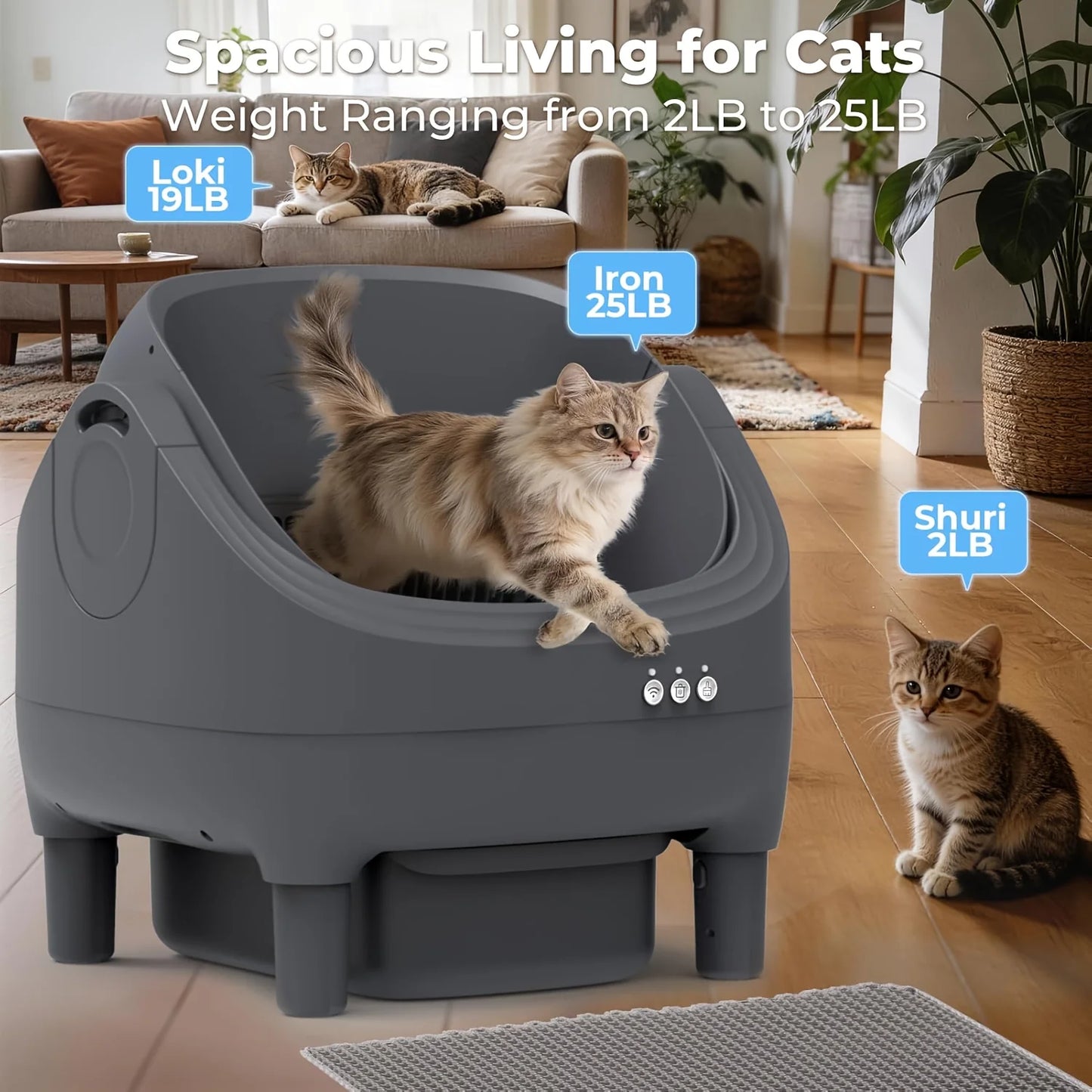 Self Cleaning Litter Box, Automatic Cat Litter Box-APP Control, Open-Design Electric Litter Box, Safety Anti-Pinch, Odor-Free Waste Disposal, Suitable for Multiple Cats, Includes 1 Litter Mat, 1 Litter Scoop, And 2 Roll Of Li
