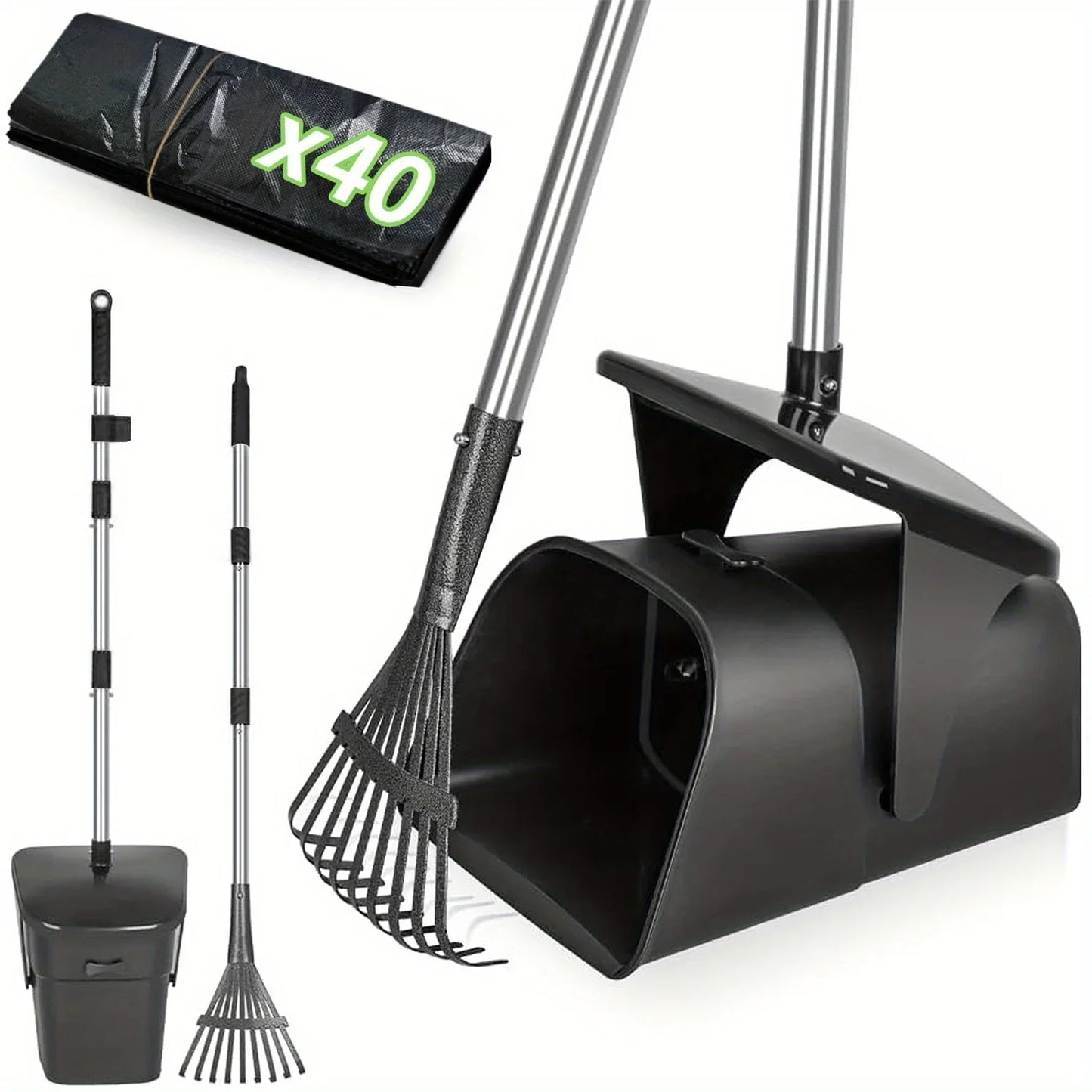 2/3pcs Heavy Duty Dog Pooper Scooper with 40 Bags, Long Handle Swivel Bin & Rake Spade for Large Dogs, Pet Waste Removal Tool for Yard, Grass & Gravel, Without Battery