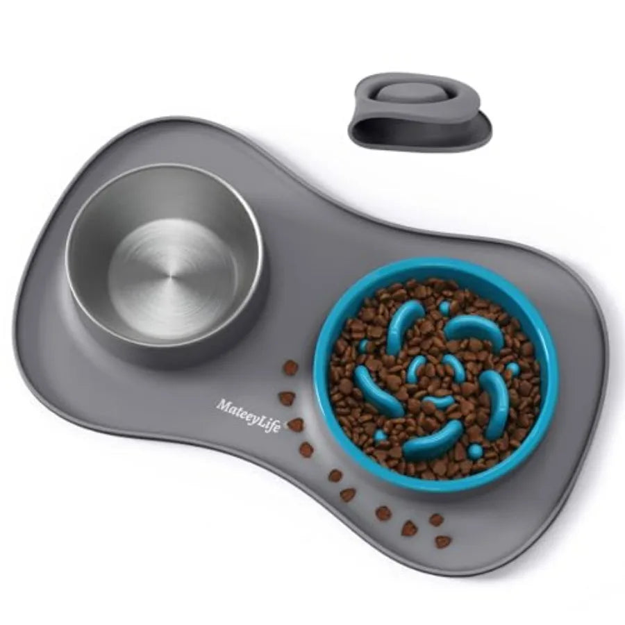Dog Food and Water Bowl Set 3 in 1, Slow Feeder Dog Bowls and Stainless Steel Water Bowl with Non-Spill Silicone Mat, Cat and P