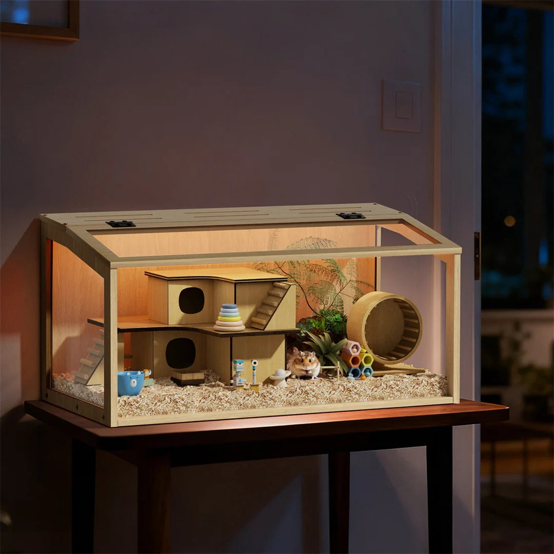 Large Natural Wooden Hamster Cage with Glass Panels, LED Light, Chew-Proof Indoor Habitat for Small Pets