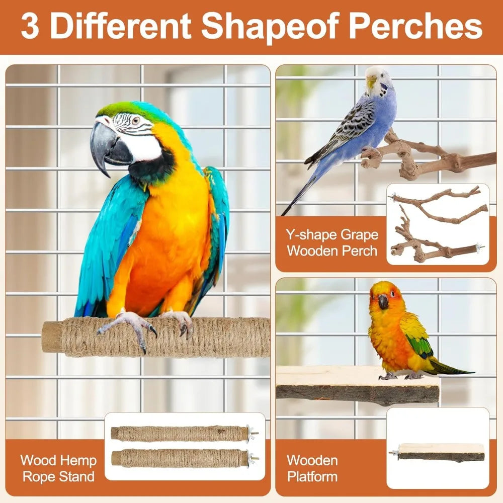 Natural Wood Bird Perch Set 5PCS Paw Grinding Fork Branch with Rope for Medium Birds Cage Accessories