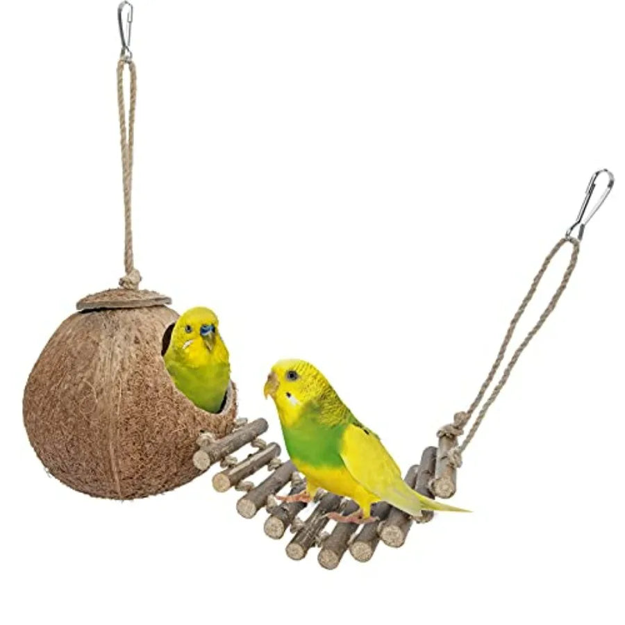 Natural Coconut Hideaway with Ladder, Bird and Small Animal Toy House with Ladder