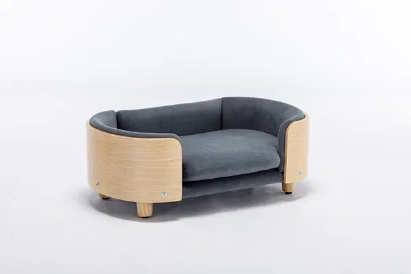 Scandinavian style Elevated Dog Bed Pet Sofa With Solid Wood legs and Bent Wood Back, Velvet Cushion,Size,Dark Grey