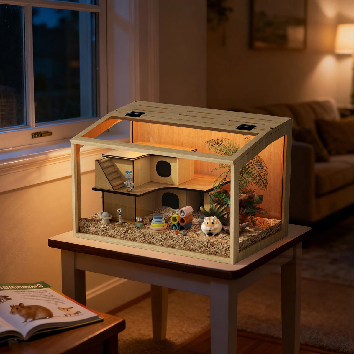 Wooden Hamster Cage With Built In LED Light
