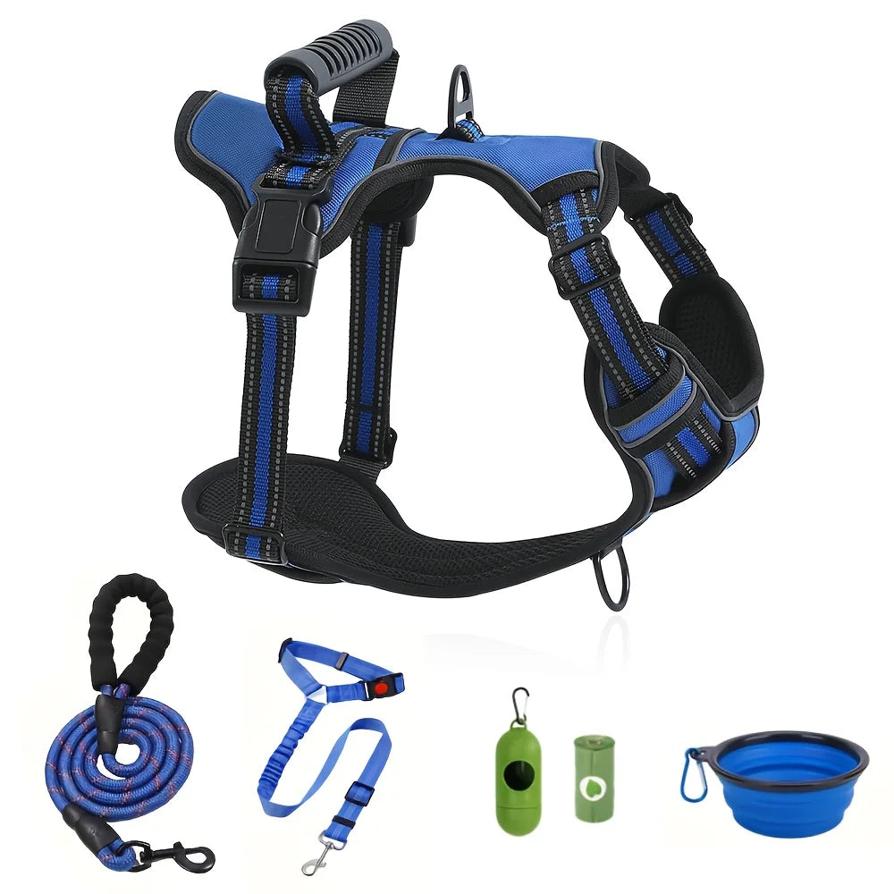 6in 1 No-Pull Dog Harness And Leash Set Adjustable Reflective No-Choke Pet Oxford Vest with 2 Leash Clips And Easy Control Handle for Small, Medium And Large Dogs
