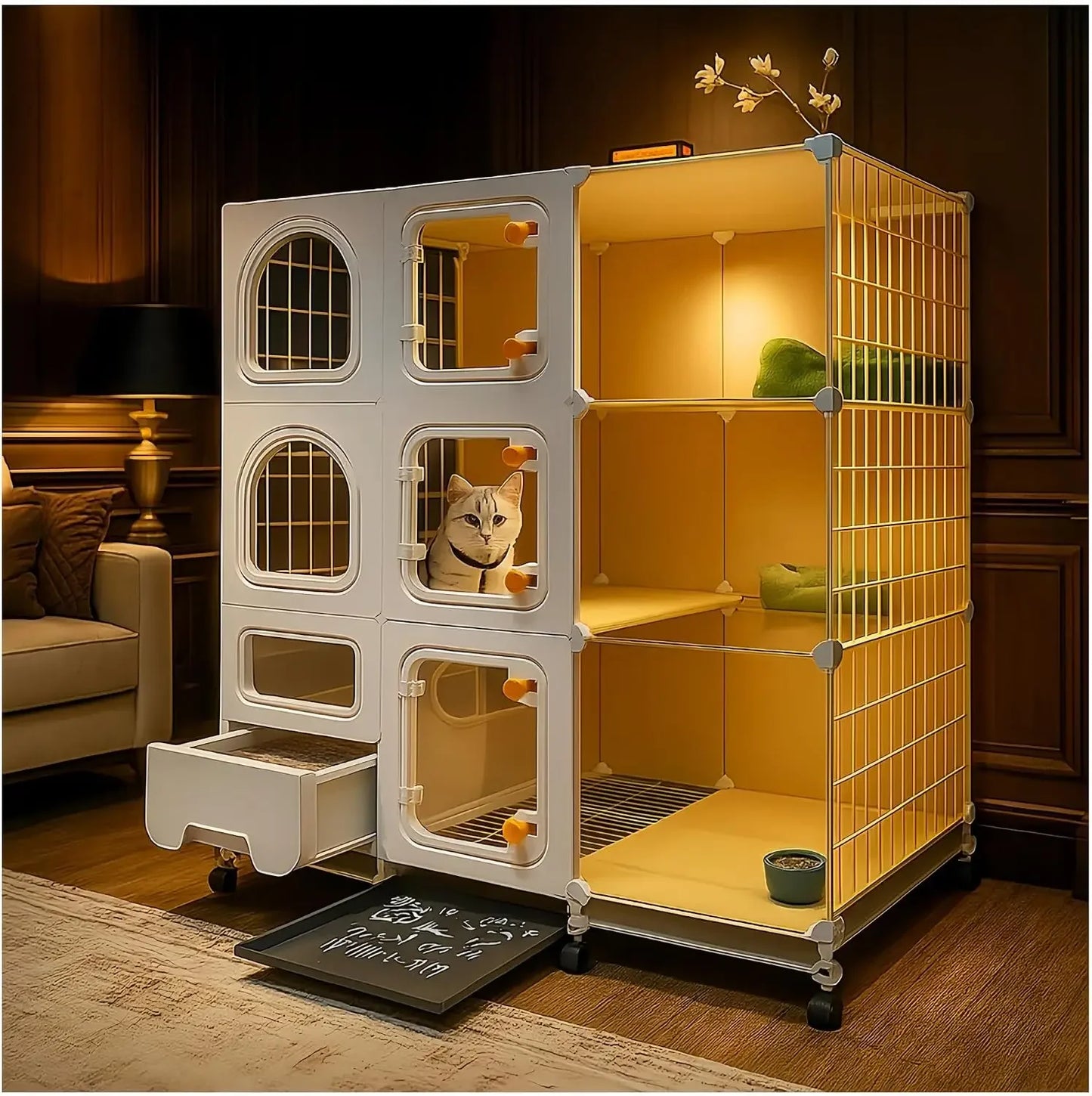Large Cat Cage Indoor with Litter Box, Bed, Bowl & Cleaning Set, Wheels, White
