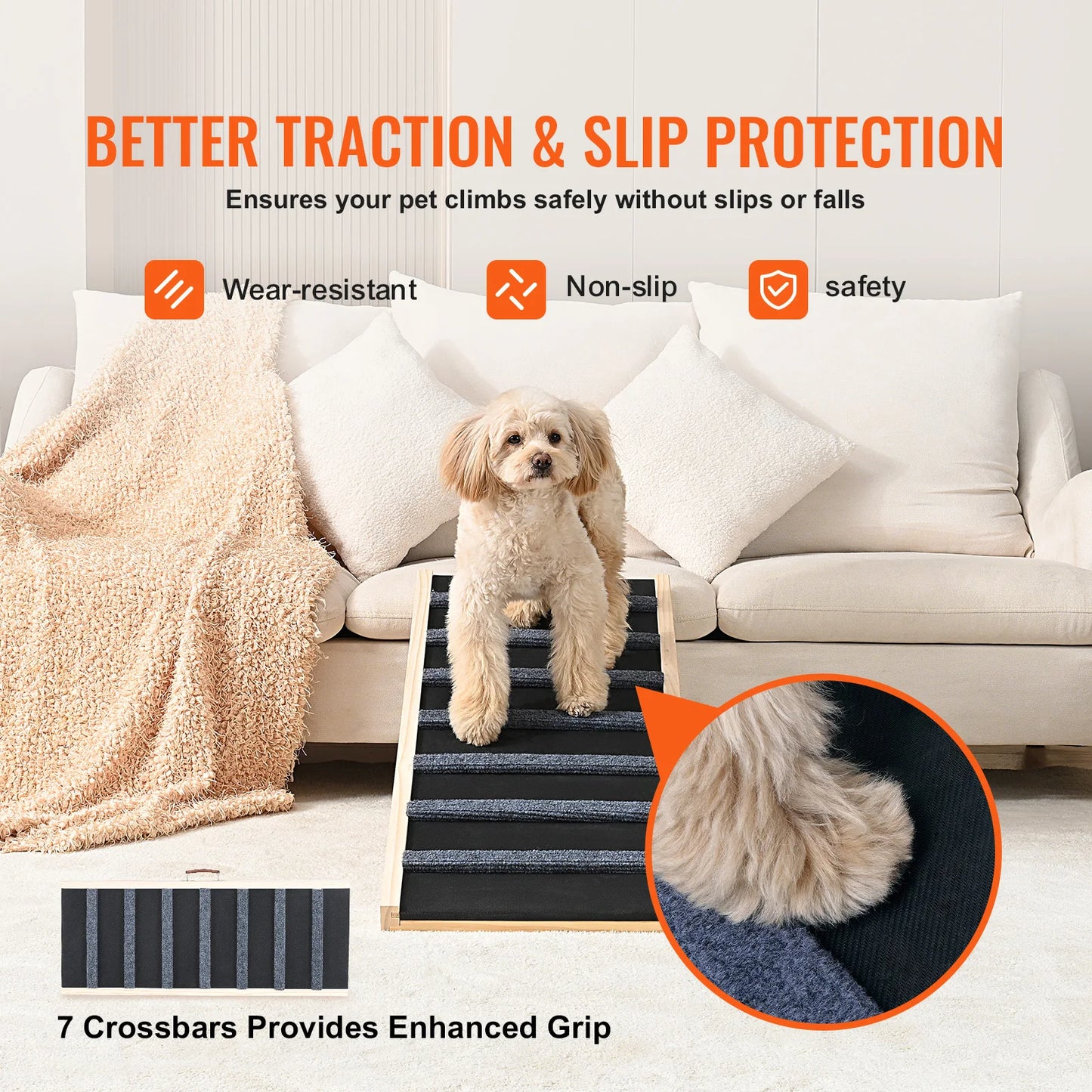SucceBuy Dog Ramp Folding Ladder Anti-slip High Adjustable Wooden Pet Ramp Removable for Small Old Dog Climbing Stairs Sofa Car