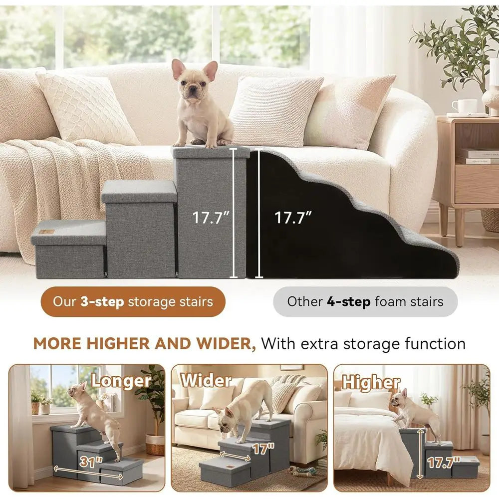 Wider Dog Bed with Storage 18 H, Foldable Dog Stairs, Small Medium Large Older Senior Animal, Sturdy Dog Step, Arthritis-Friendl