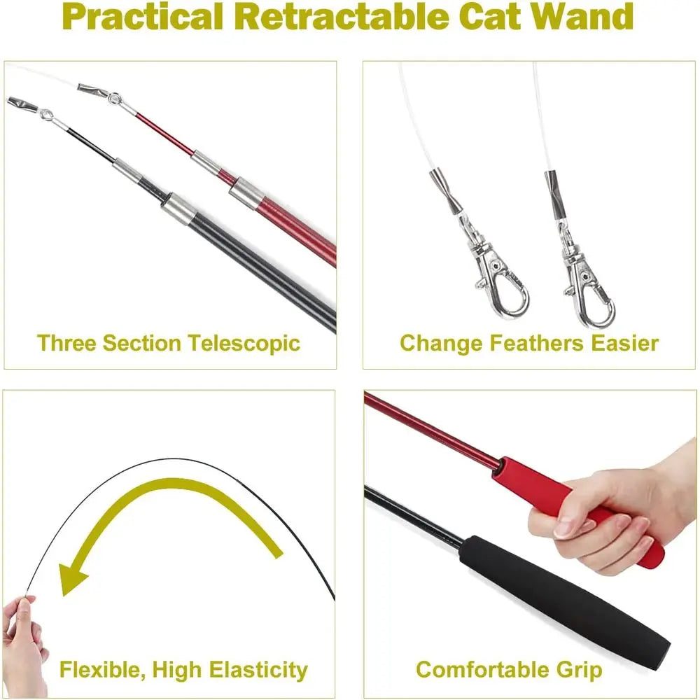 Cat Toys Indoor Cats, Interactive Retractable Wand Toy and 9PCS Cat Feather Toys, Kitten Toys Cat Fishing Pole Toy or Bored Indo