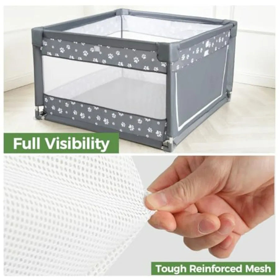 Dog Playpen Oxford Fabric Dog Fence, 42x42x26 Inches, Steel Pipe, Breathable Mesh, Zipper Gate, Portable Indoor Outdoor Pet Fen