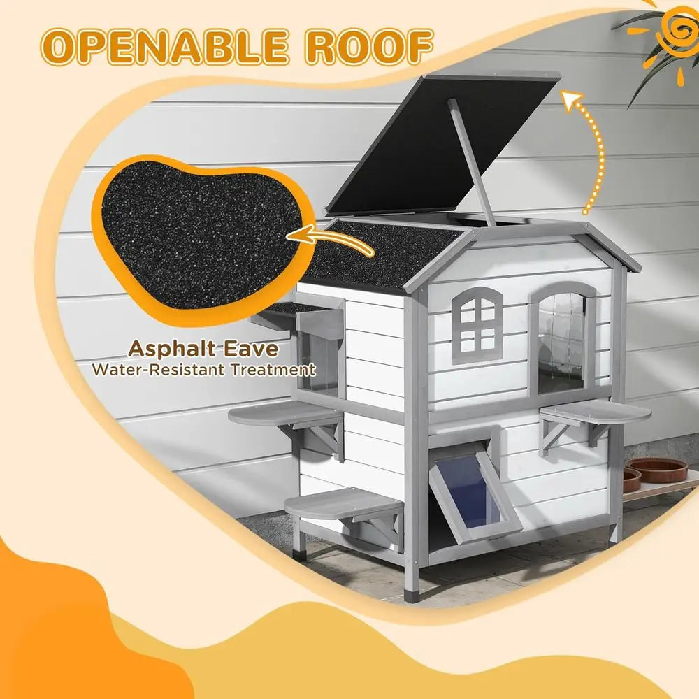 Outdoor Wooden Cat Enclosure for Multiple Cats with Easy Door, Openable Roof, Jumping Platforms, White