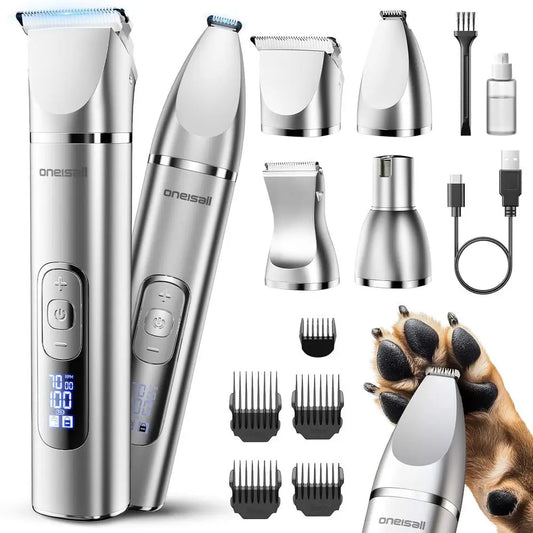 Dog Grooming Kit with LCD Display, Hair Trimmer, Paw Nail Grinder, Rechargeable Cordless Low Noise IPX7 Waterproof Pet Clippers