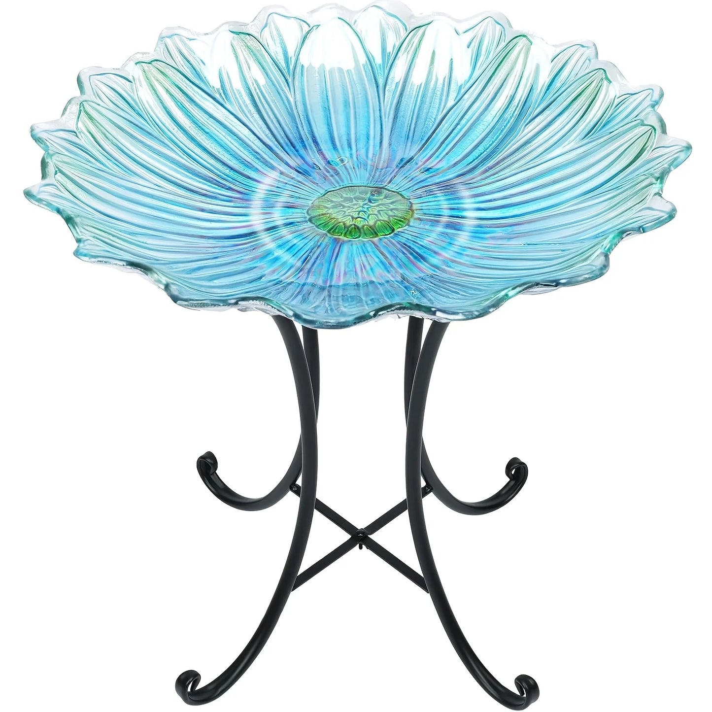 Large Glass Birdbath with Metal Stand – Elegant Green Flower Design, Perfect for Garden, Lawn, and Yard Decor, Outdoor Bird Bath | Floral Design | Intricate Petal Detailing