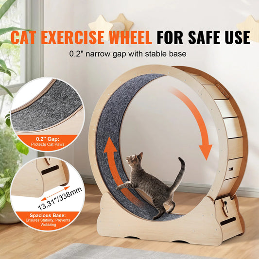 SucceBuy Wooden Cat Exercise Wheel Large Cat Treadmill Wheel for Indoor Cats Cat Running Wheel with Detachable Carpet&Cat Teaser