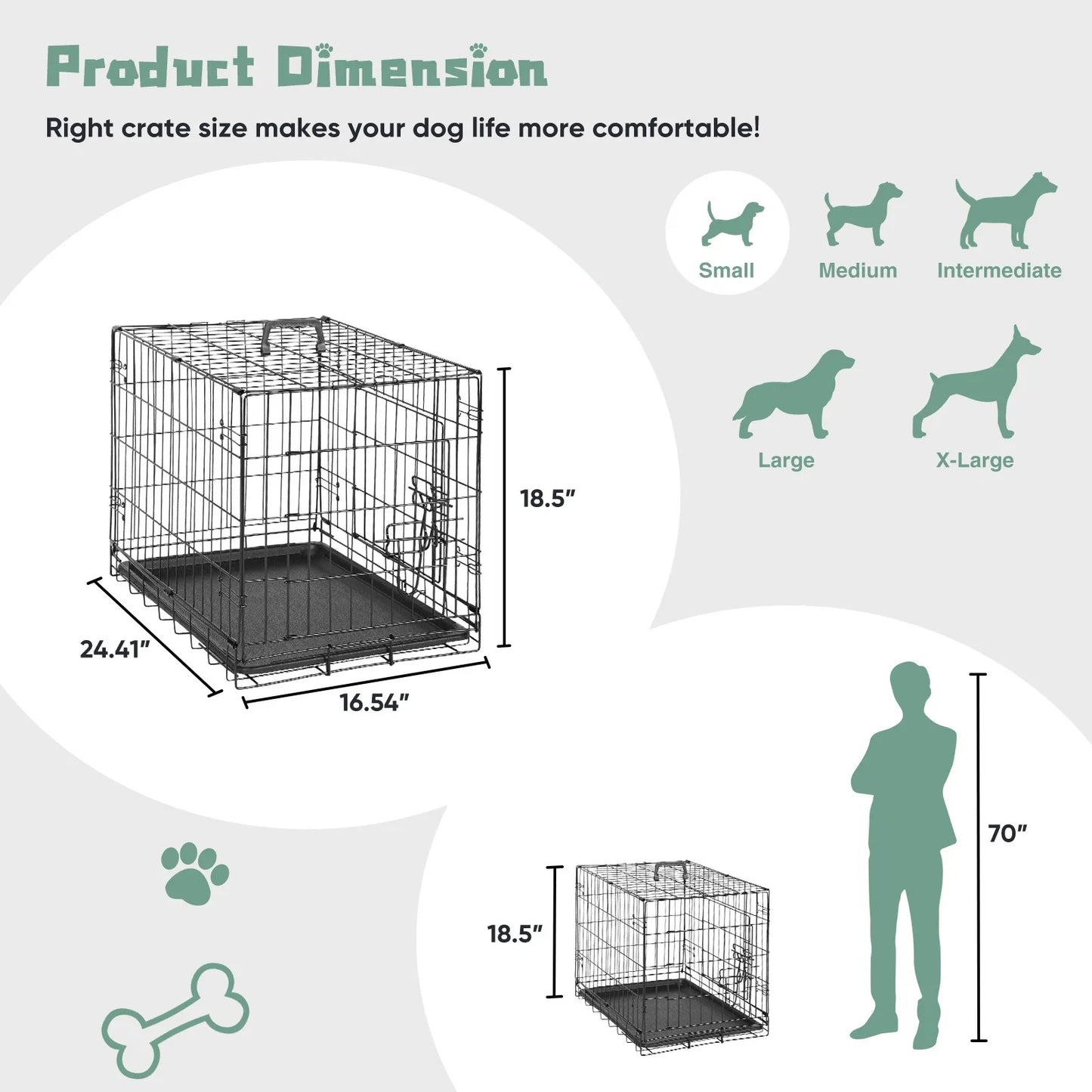 MCQ Dog Crate with Divider, Single/Double Door Folding Wire Dog Crate with Plastic Leak Tray, Indoor, Outdoor, Travel Kennel, 5 Sizes for Large/Medium/Small Dogs