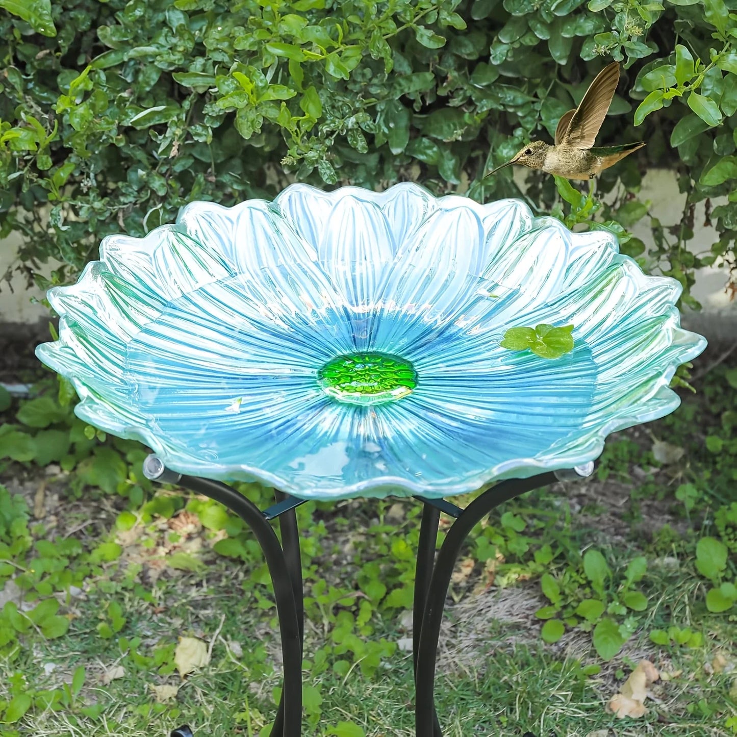 Large Glass Birdbath with Metal Stand – Elegant Green Flower Design, Perfect for Garden, Lawn, and Yard Decor, Outdoor Bird Bath | Floral Design | Intricate Petal Detailing