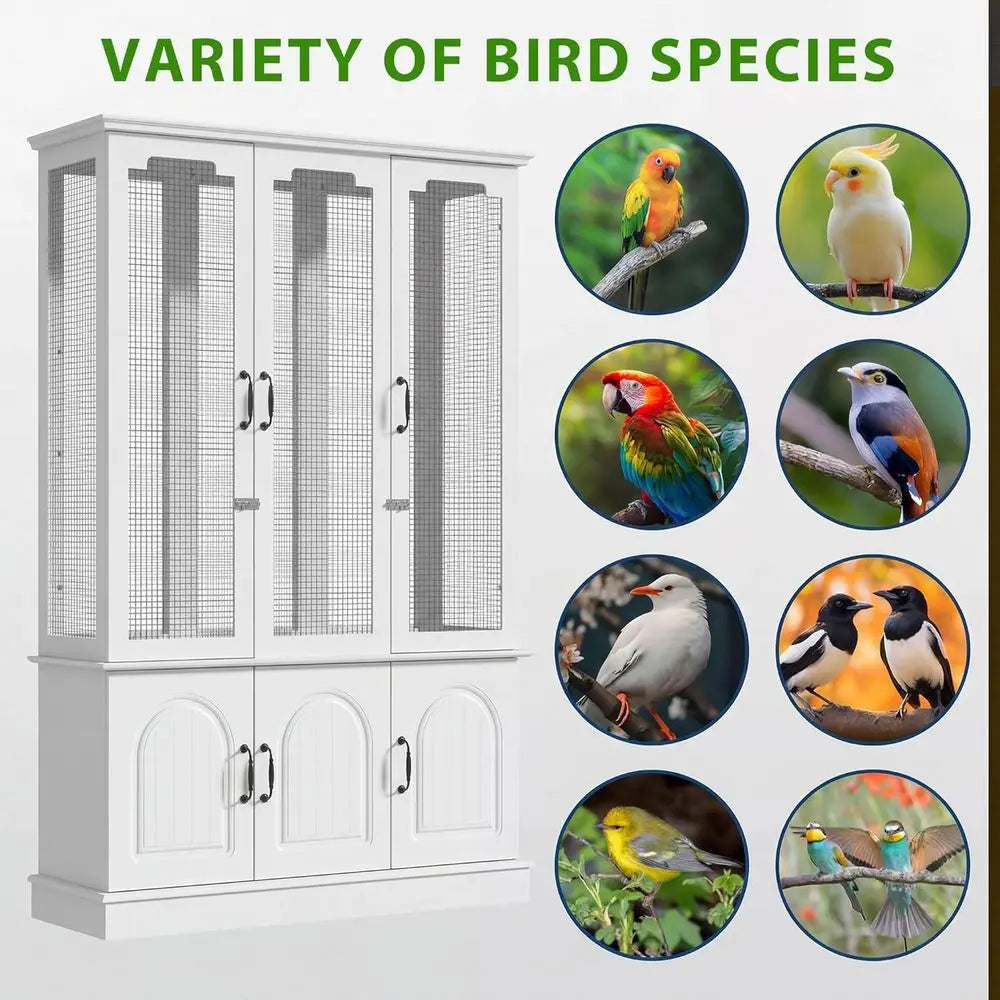 70.8" Tall White Bird Cage with Storage Cabinet, Large light Parrot Cage with Lock and 4-Sided Metal Mesh Design, DIY-riendly, 4