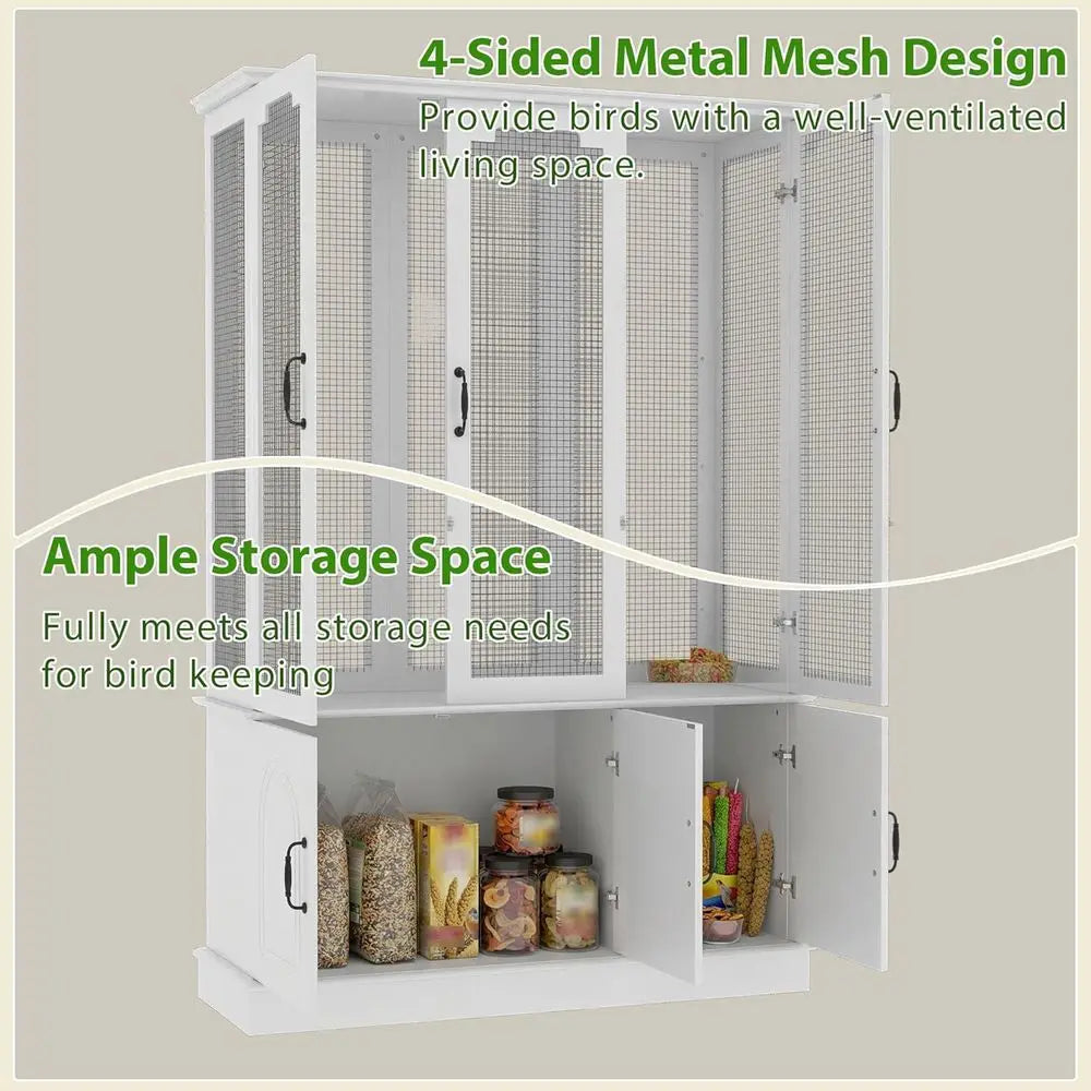 70.8" Tall White Bird Cage with Storage Cabinet, Large light Parrot Cage with Lock and 4-Sided Metal Mesh Design, DIY-riendly, 4