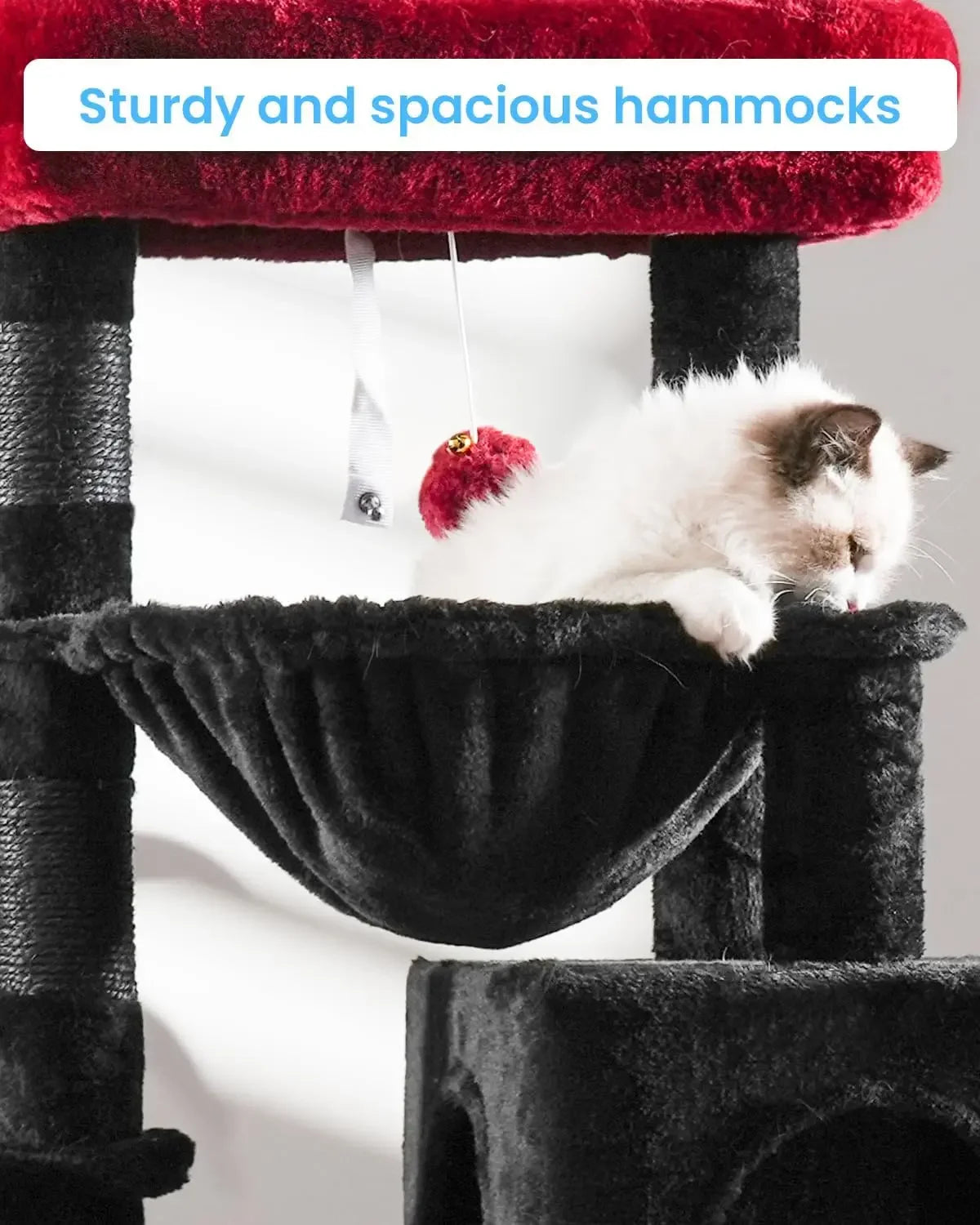 Cat Tree for Indoor Cats, Large Padded Bed, Cozy Condo, Hammocks, Scratching Posts, Black and Red