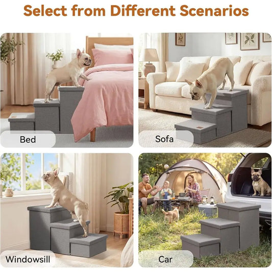 Wider Dog Bed with Storage 18 H, Foldable Dog Stairs, Small Medium Large Older Senior Animal, Sturdy Dog Step, Arthritis-Friendl