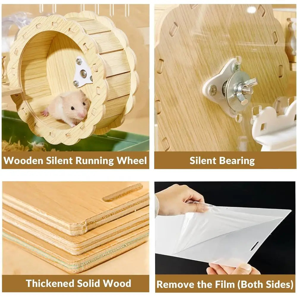 2-Tier Acrylic Hamster Habitat with Wooden Wheel & Hideout, Green Small Pet Mice House, 14L x 10W x 11H