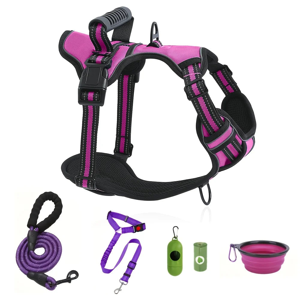 6in 1 No-Pull Dog Harness And Leash Set Adjustable Reflective No-Choke Pet Oxford Vest with 2 Leash Clips And Easy Control Handle for Small, Medium And Large Dogs