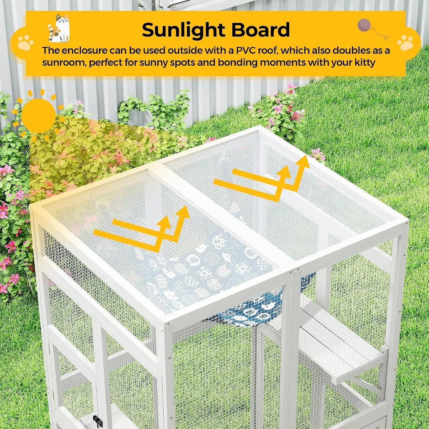 Wooden Catio Outdoor Cat Enclosure with Window Access & Mesh, Weatherproof Kitty House for Patio/Backyard (White)