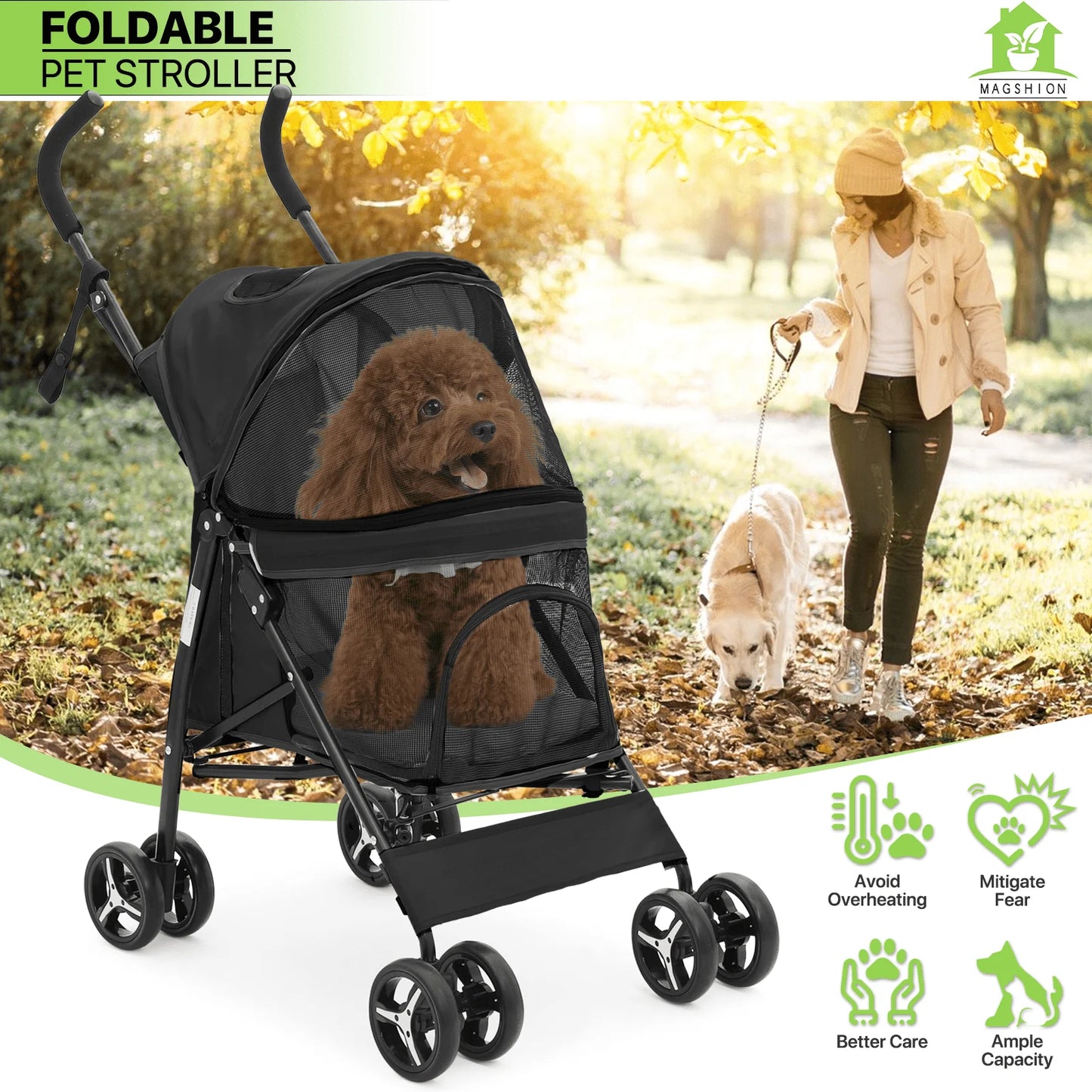 Magshion 4 Wheels Pet Dog Cat Stroller for Small Medium Dogs Cats, Foldable Jogger Stroller w/Storage Basket and Cup Holder