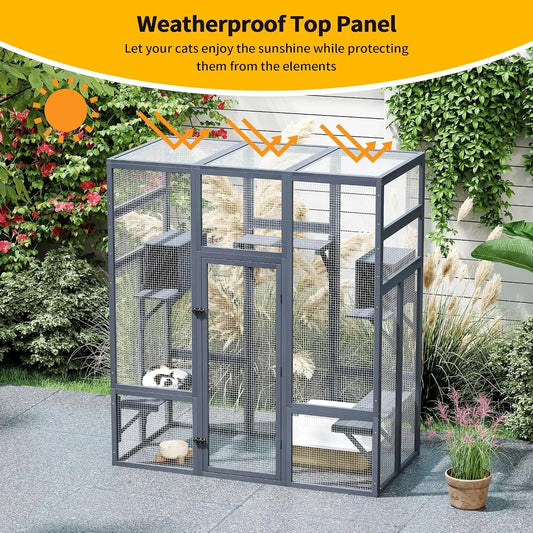 Large Wood Catio Outdoor Cat Enclosure with Waterproof Roof, 5 Platforms & 2 Resting Boxes, UV Resistant (Grey)