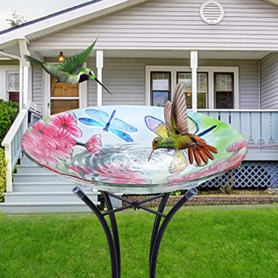 MUMTOP Bird Bath-Bird Baths for Outdoors - Dragonfly Large Bird Bath Bowl with Metal Stand, Glass BirdBaths for Garden Lawn Yar
