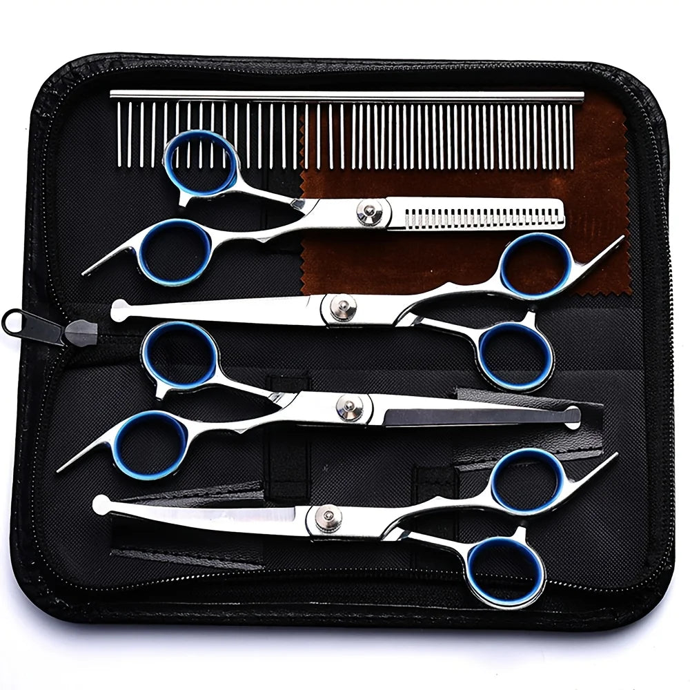 7-in-1 Professional Stainless Steel Dog Grooming Scissors With Safety Round Tip, Titanium Coated Heavy Duty Dog & Cat Grooming Scissors Set With Straight & Thinning & Curved Scissors & Comb, Pet Grooming Scissors Kit For Dogs