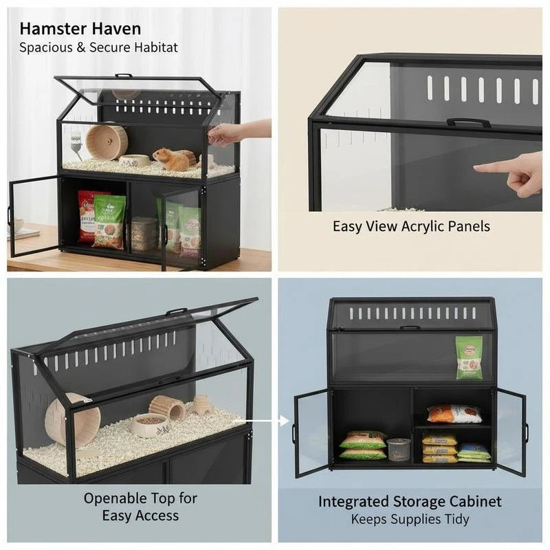 Hamster Cage with Storage Cabinet, Small Animal Cage with Easy View Acrylic Panels and Openable Top, Guinea Pig Habitat