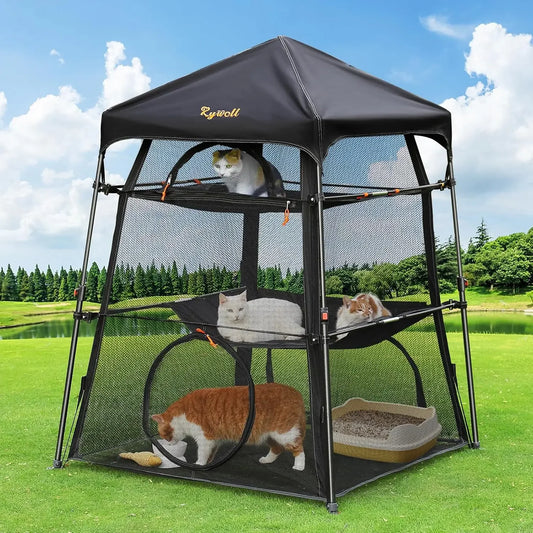 Extra Large Outdoor Cat Enclosure, 3-Tier Cat Tent with 5 Windows, Weatherproof & Sunproof, Foldable for Patio Camping Indoor with Carry Bag