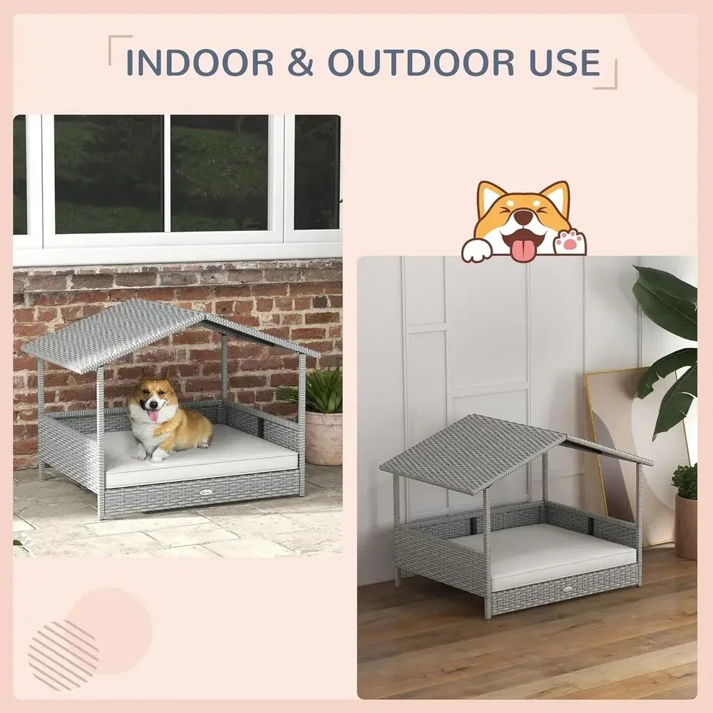 Outdoor Wicker Dog House with Rattan Bed and Waterproof Cushion for Small to Medium Dogs up to 66 lbs, 20 Length, Silver and Whi