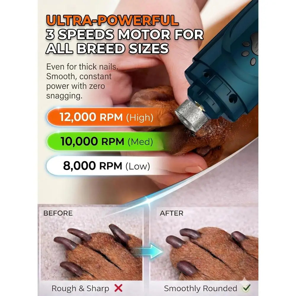 Super Quiet Dog Nail Grinder & Clippers Kit with 2 LED Lights, 3 Speeds Up to 12,000 RPM, Lower Than 30dB Electric Pet Nail Trim