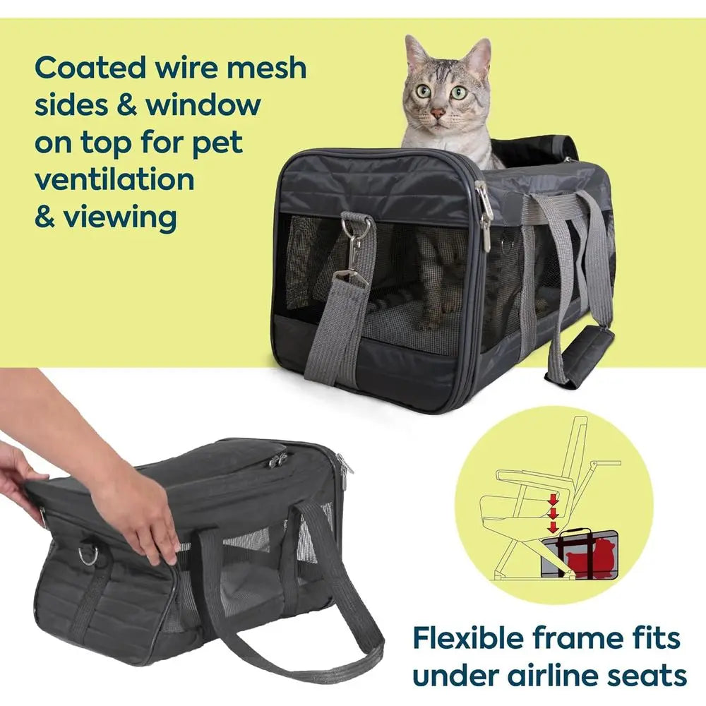 Pet Carrier Airline Approved with Spring Wire Frame - Cat & Dog Carrier for In-Cabin Travel, Mesh Ventilation, Locking Zippers -