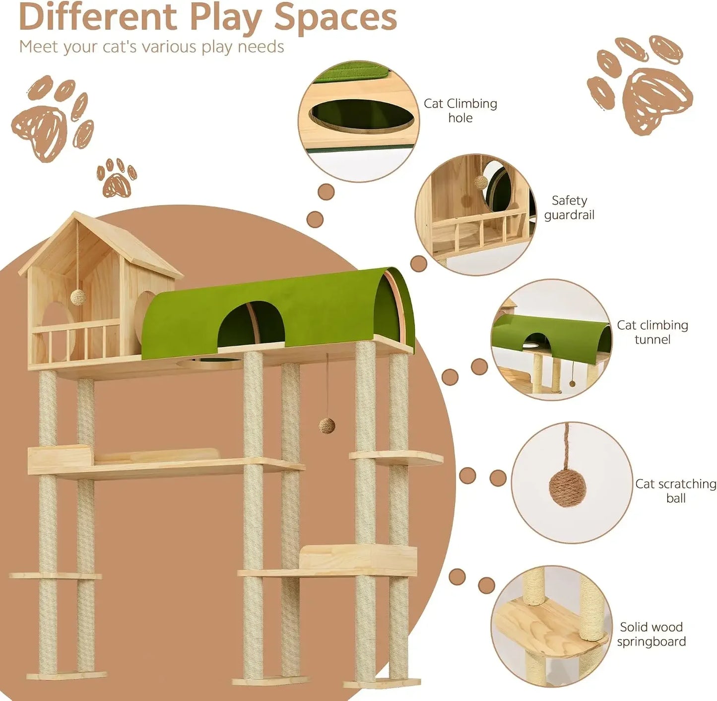 60in Solid Wood Cat Tower for Heavy Cats, Space-Saving with Litter Box Area, Multi-Level for Indoor Multi-Pet Homes