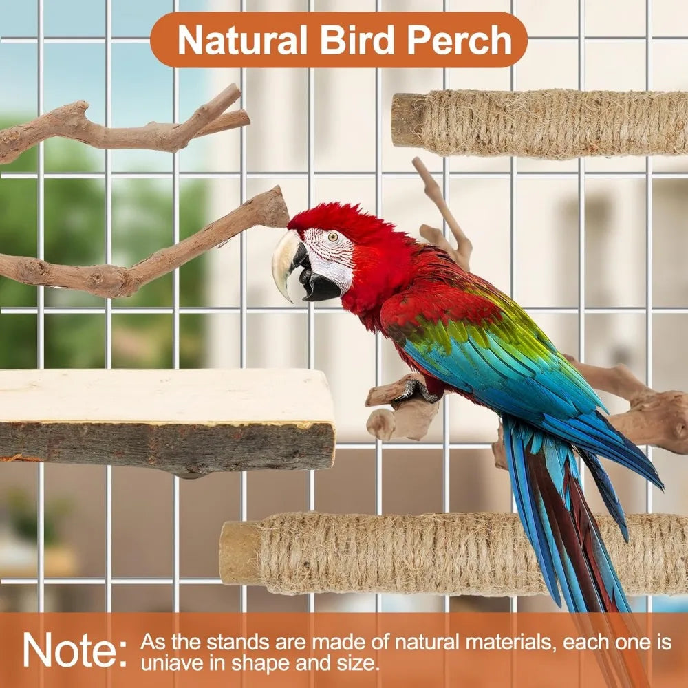 Natural Wood Bird Perch Set 5PCS Paw Grinding Fork Branch with Rope for Medium Birds Cage Accessories