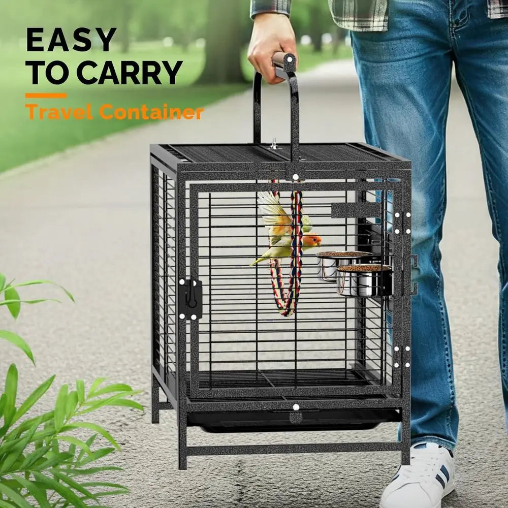 19 inch Travel Carrier Bird Cage with Handle, Wrought Iron ParaCage, Wooden Perch for Small/Medium Birds (Hammertone Black)