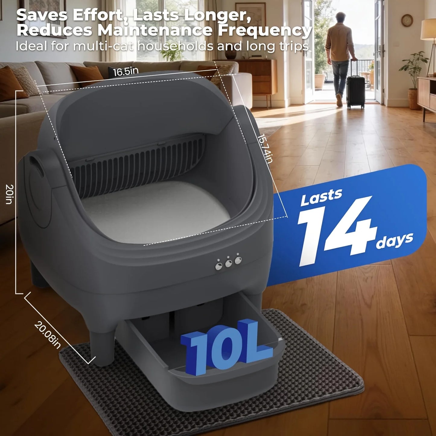Self Cleaning Litter Box, Automatic Cat Litter Box-APP Control, Open-Design Electric Litter Box, Safety Anti-Pinch, Odor-Free Waste Disposal, Suitable for Multiple Cats, Includes 1 Litter Mat, 1 Litter Scoop, And 2 Roll Of Li