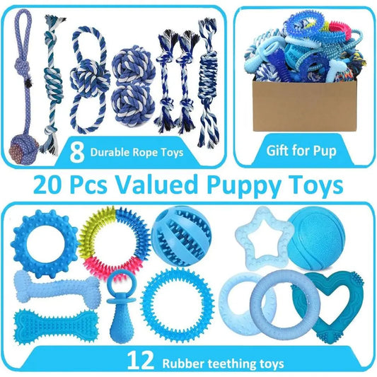 20 Pack Puppy Chew Toys - Blue Dog Teething Toys for Puppies, Teething Rings and Ropes, Rubber Toy Bundle for Small Dogs, Cute I