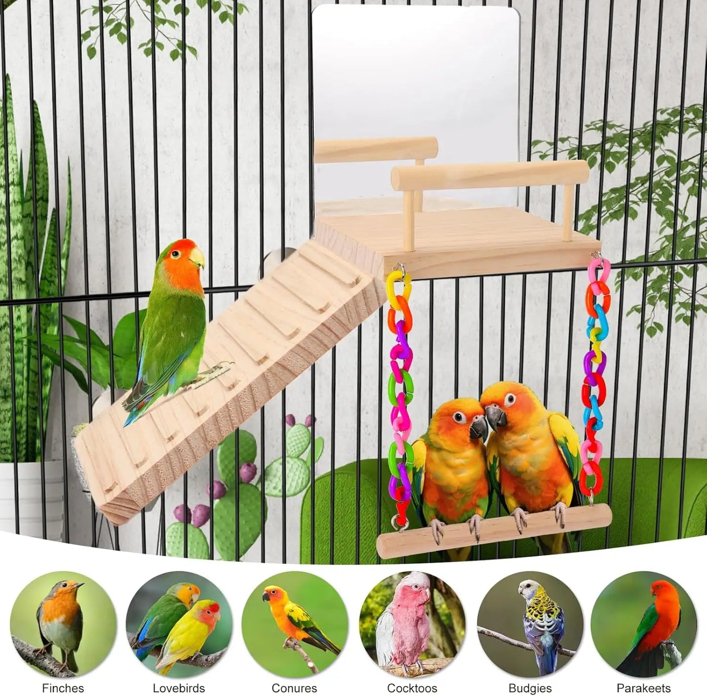 Wooden Bird Play Gym with Mirror Swing Perch for Parakeets Cockatiels Lovebirds Budgies Finch Canaries - Cage Accessories