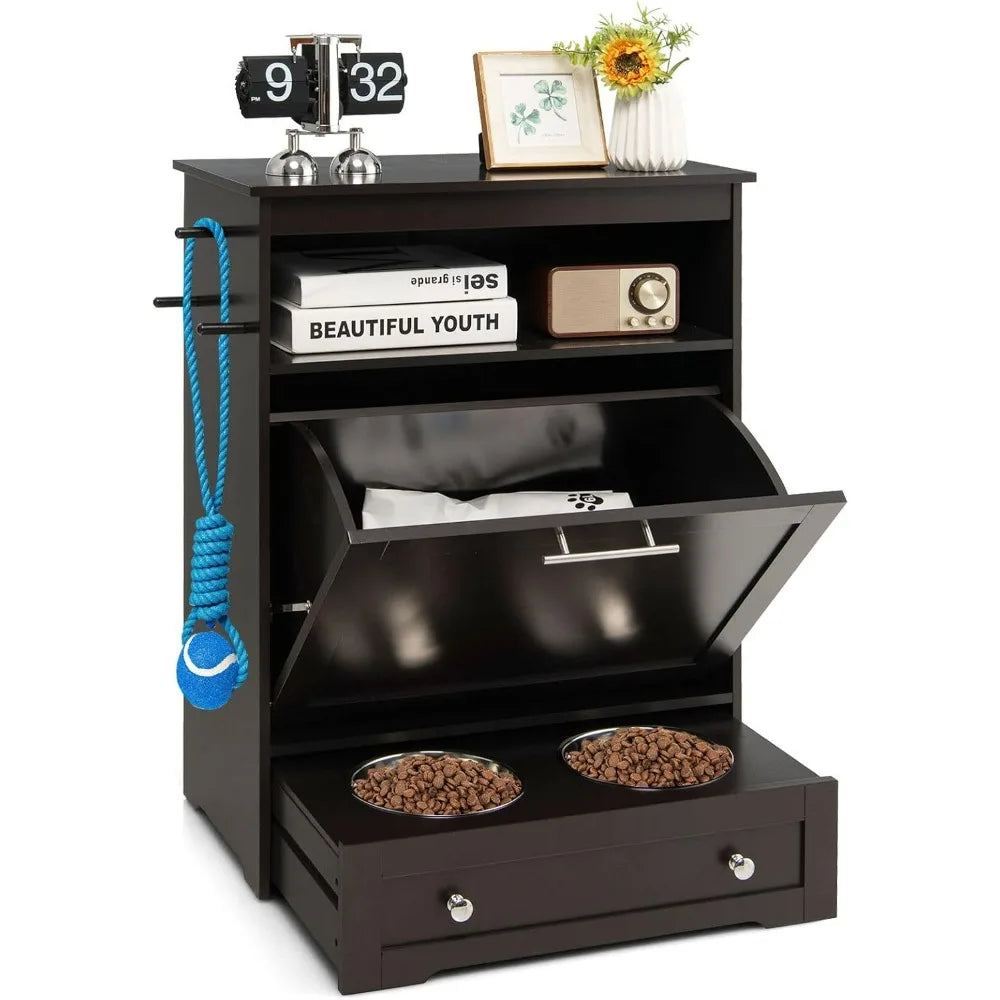 Pet Feeder Station With Double Pull Out Bowls And Storage Cabinet