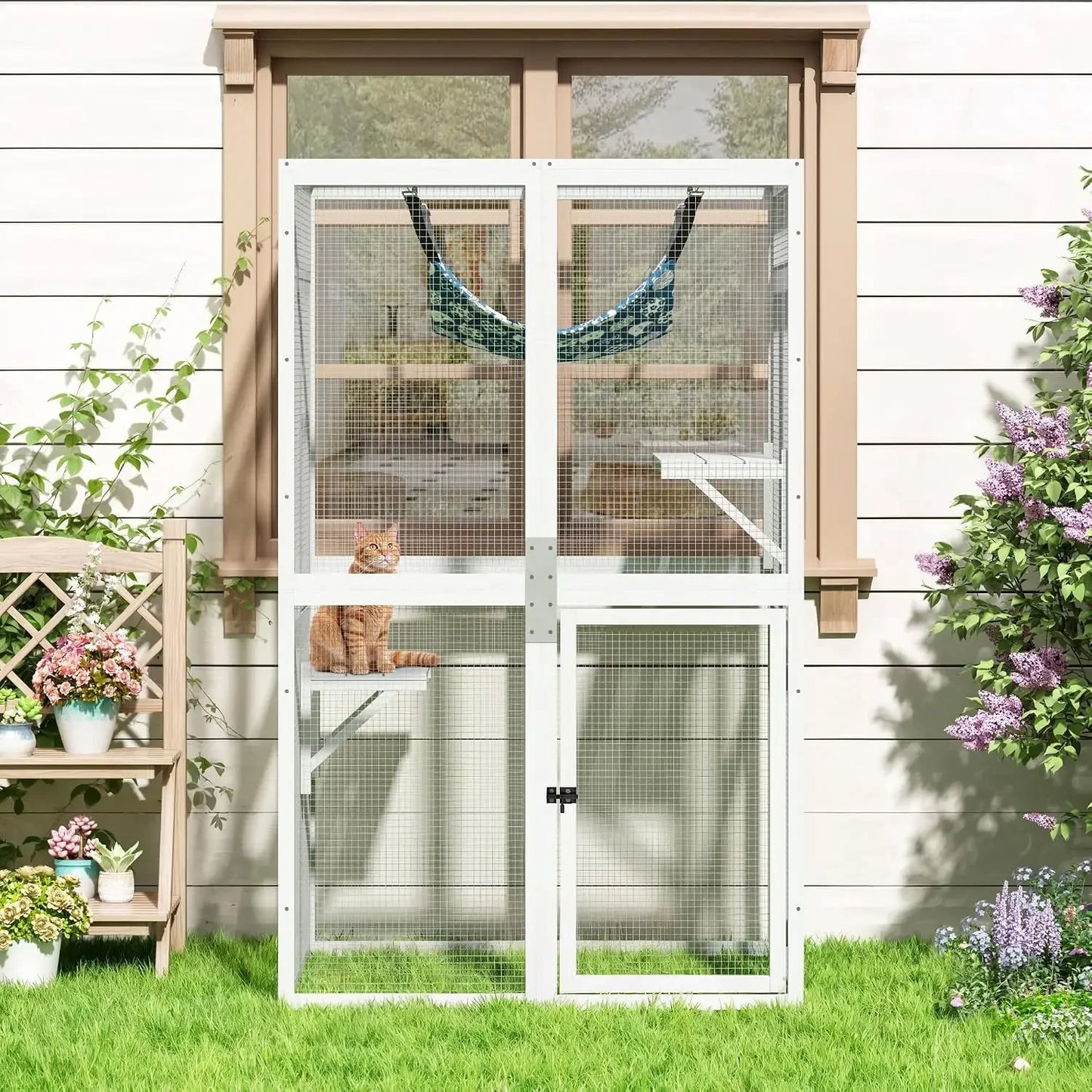 Wooden Catio Outdoor Cat Enclosure with Window Access & Mesh, Weatherproof Kitty House for Patio/Backyard (White)